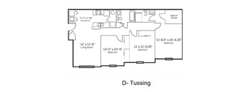 A floor plan of a D-Tussing apartment with a living room, dining room, kitchen, and three bedrooms.
