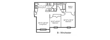 A floor plan of a Winchester apartment with a living room, dining room, and two bedrooms.