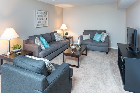 A living room with grey couches and a television.