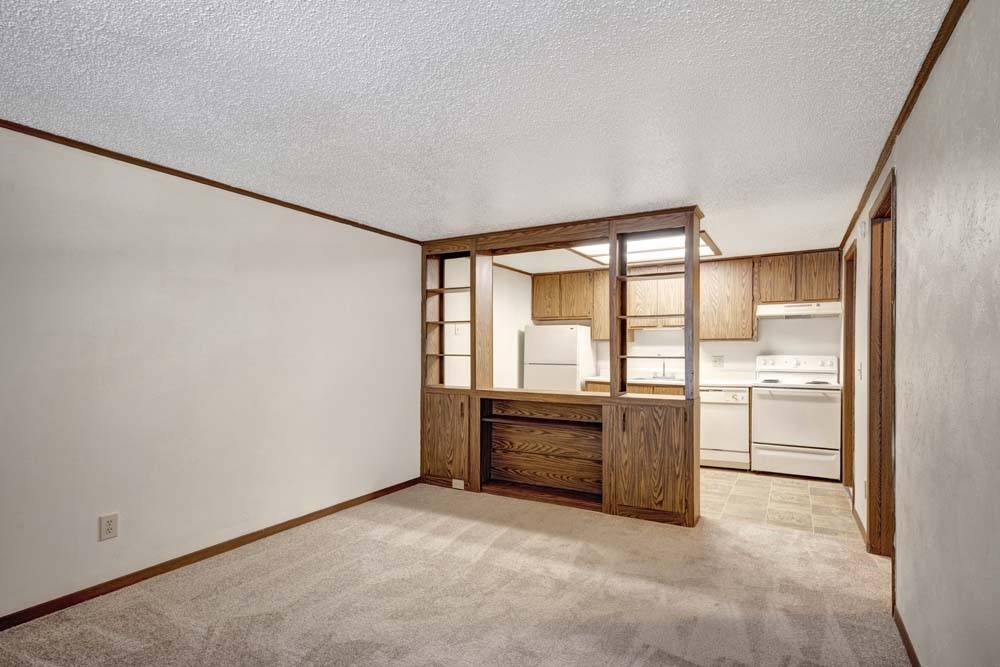 A room with a kitchenette and a carpeted floor.