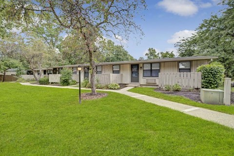 A tree stands in a grassy area in front of a building.