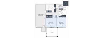 A floor plan of a small apartment with a living room, kitchen, two bedrooms, and a bathroom.