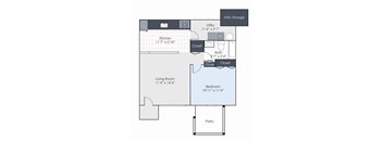 A floor plan of a small apartment with a kitchen, living room, bedroom, and bathroom.