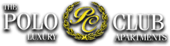 The logo for Polo Club Luxury Apartments features a gold "P" in a laurel wreath.