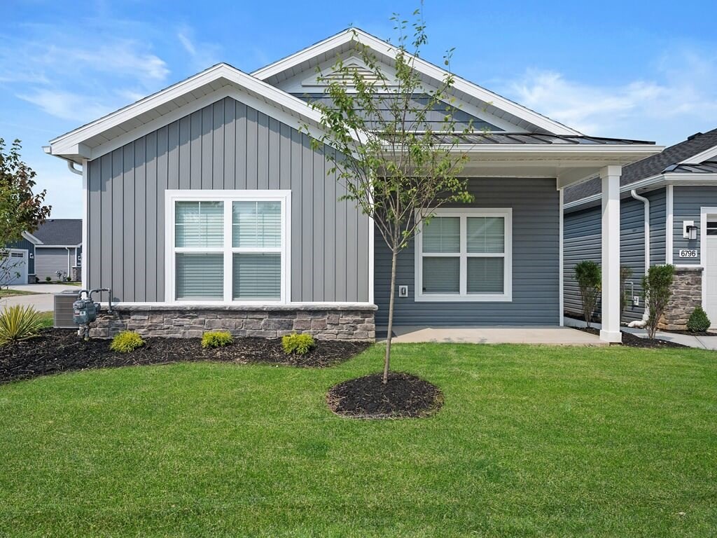 a home with a tree in the front yard
