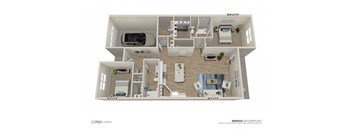 a stylized floor plan with a bedroom and a living room