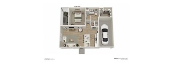 a spacious floor plan with a car in the garage