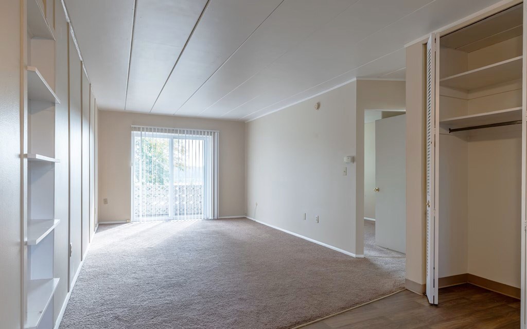 A large, empty room with a carpeted floor and white walls.