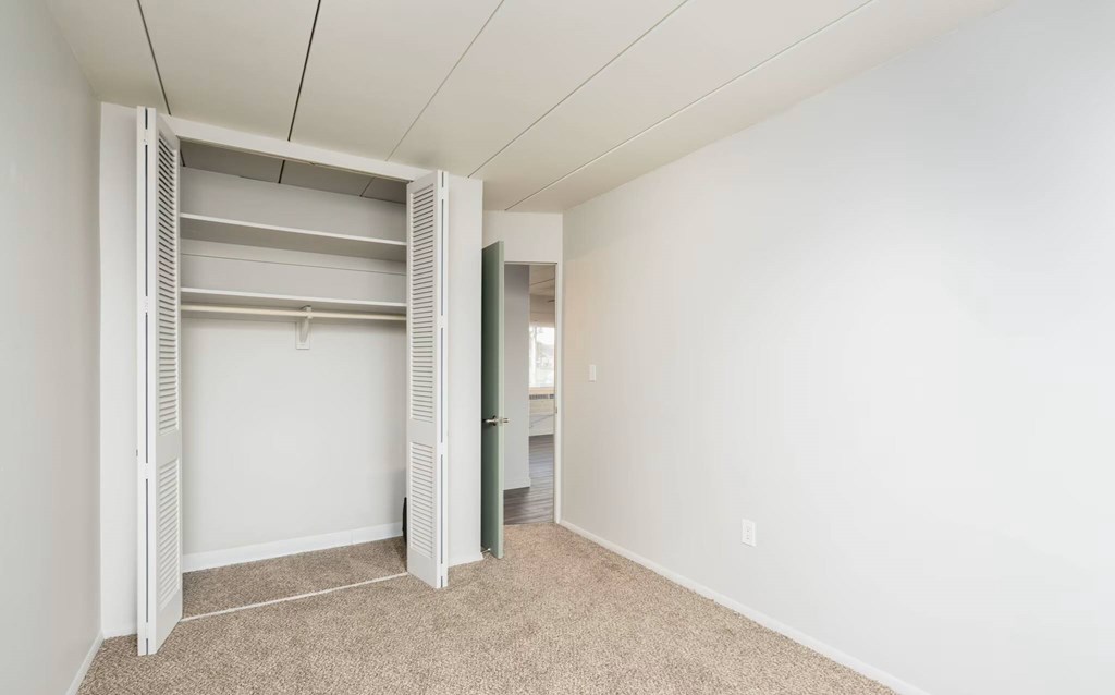 A white room with a white closet and carpet.