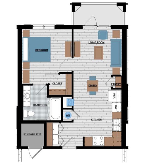 A floor plan of a house with labeled rooms such as bedroom, living room, kitchen, and bathroom.