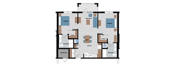 A floor plan of a house with two bedrooms, a living room, a kitchen, a pantry, a storage unit, two bathrooms, and a closet.