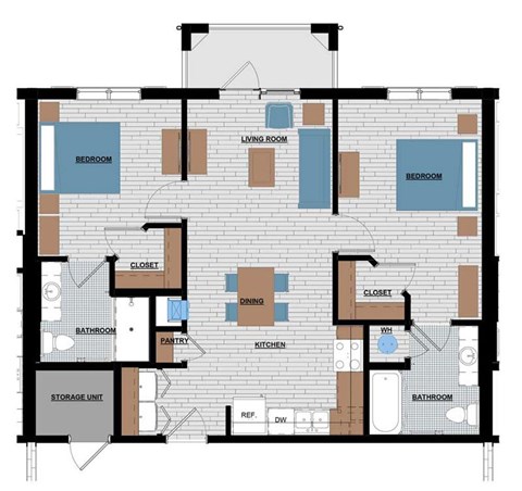 A floor plan of a house with two bedrooms, a living room, a kitchen, a pantry, a storage unit, two bathrooms, and a closet.