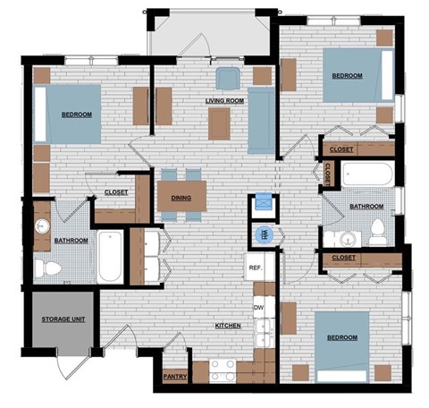 A floor plan of a house with labeled rooms such as bedroom, living room, and kitchen.