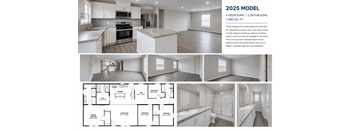 A 2025 model home with 4 bedrooms and 2 bathrooms is showcased in this image.