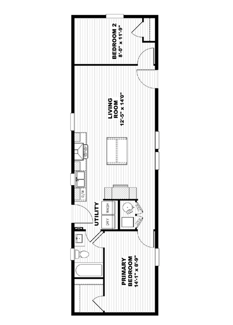 A floor plan of a room with a bedroom, living room, and utility space.