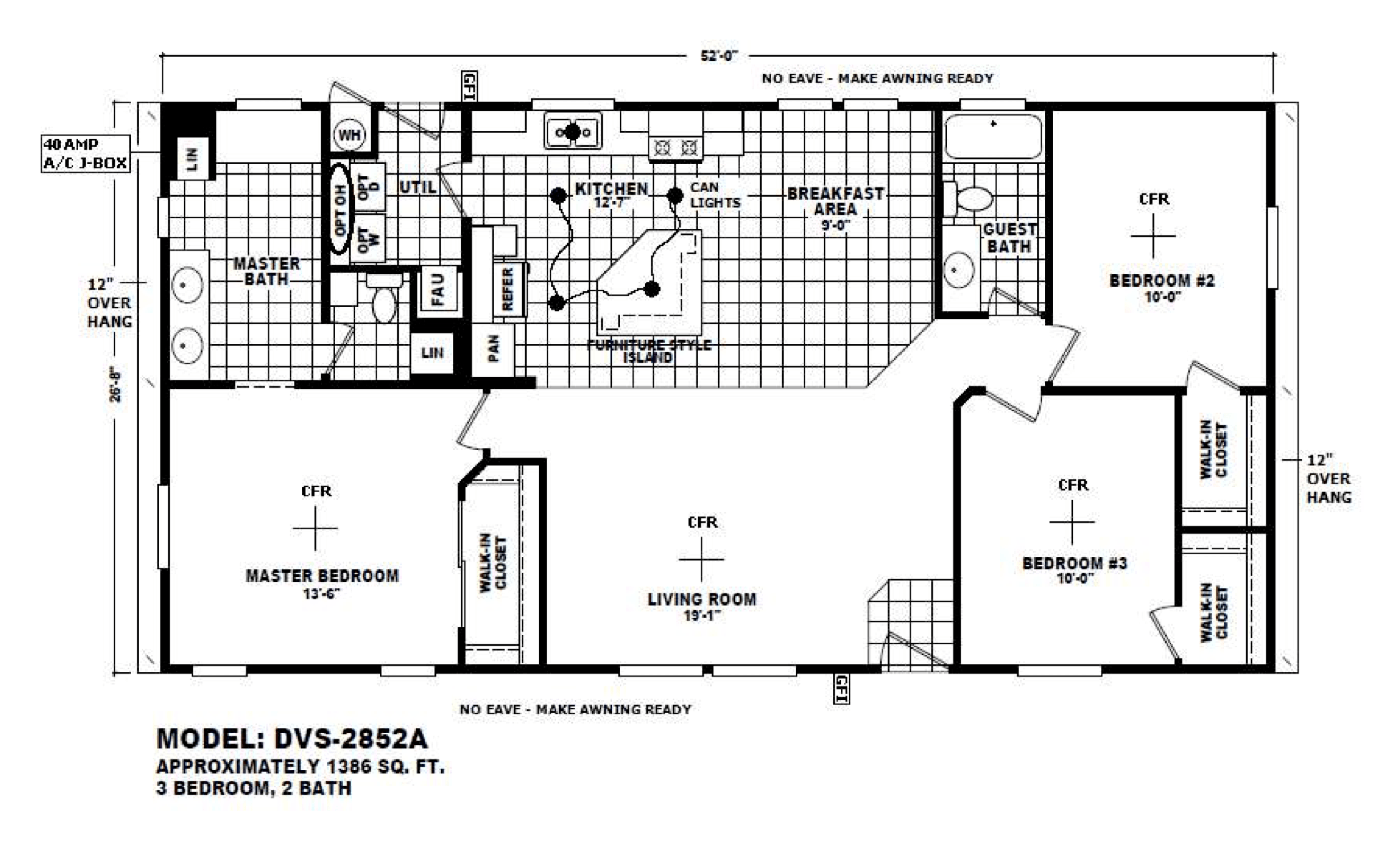 Double wide home floor plan with three bedrooms and two bathrooms, totaling 1,386 square feet.