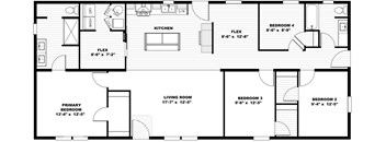 A black and white image of a house floor plan with a kitchen, living room, and three bedrooms.