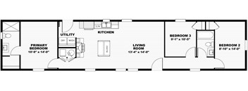 A floor plan of a home with a primary bedroom, a living room, a kitchen, a utility room, and two bedrooms.