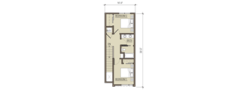 A floor plan of a room with two bedrooms, a bathroom, and a living area.