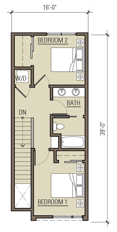 A floor plan of a room with two bedrooms, a bathroom, and a living area.