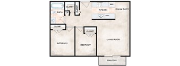 A floor plan of a house with two bedrooms, a living room, a kitchen, a dining room, a bathroom, and a balcony.
