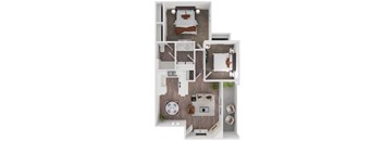 a stylized floor plan with a bedroom and a living room