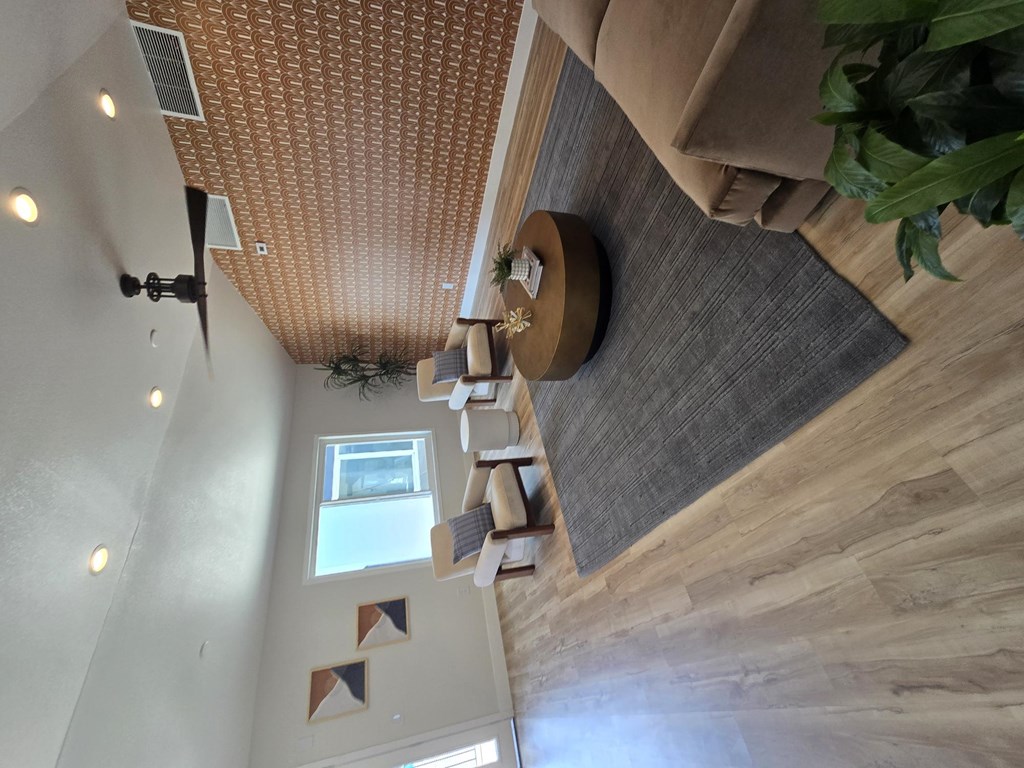 A ceiling fan with lights and a plant on the floor.