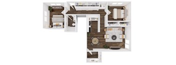 A top-down view of a modern apartment layout with a kitchen, living room, and bedrooms.
