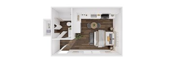 A top-down view of a small, neatly organized apartment with a kitchen, living room, and bathroom.