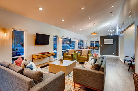 a living room with couches and chairs and a television