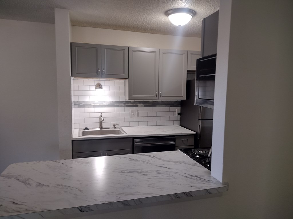A kitchen with a marble countertop and stainless steel appliances.