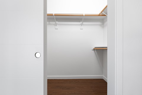 A white closet with a shelf and a door.