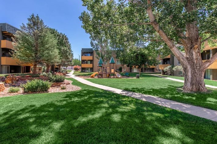 A tree in a grassy area in front of apartment buildings.