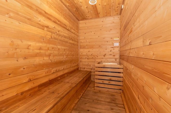 A wooden sauna with a bench in the middle.