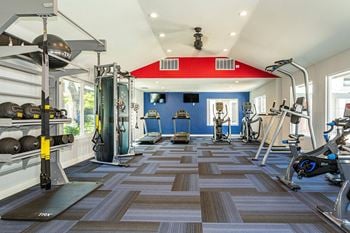 a home gym with weights and cardio equipment and a red roof