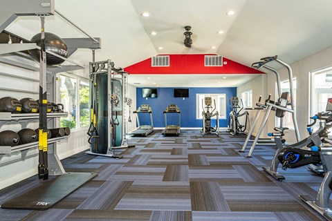 a home gym with weights and cardio equipment and a red roof