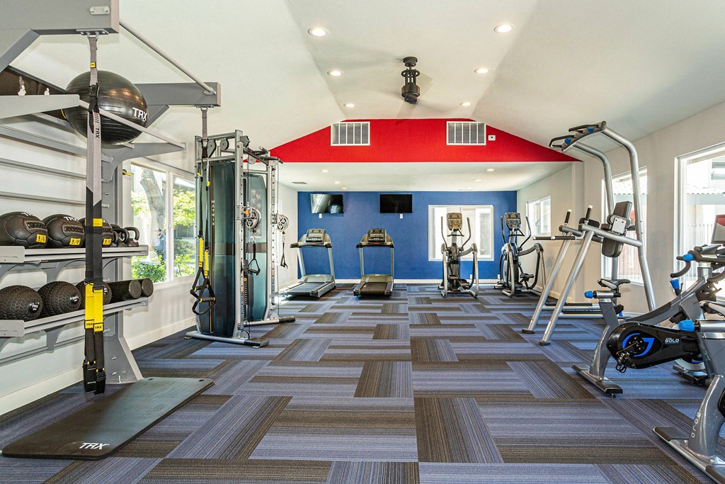 a home gym with weights and cardio equipment and a red roof