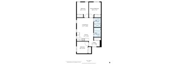 A floor plan of an apartment with two bedrooms, a living room, a kitchen, and a foyer.
