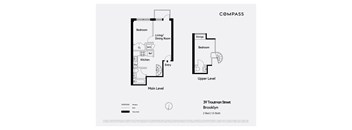 A floor plan for a COMPASS apartment with two bedrooms, one on the main level and one on the upper level, and a living/dining room on the main level.