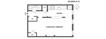 A floor plan of a one bedroom apartment with a living room and kitchen.
