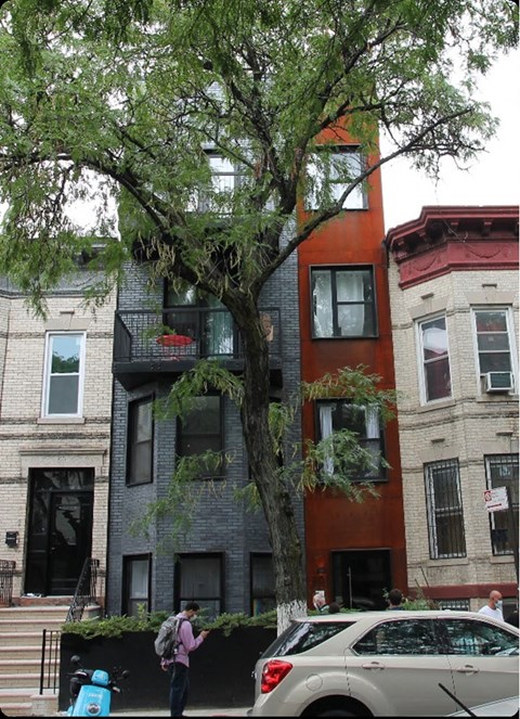 A tree in front of a building with a person standing underneath it.