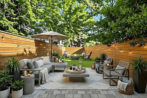 A patio with a table and chairs surrounded by green plants.
