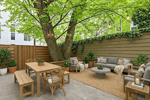 A backyard with a wooden table and chairs.