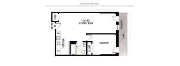 A floor plan of an apartment at 100 Malcolm Boulevard showing a living and dining room, kitchen, and bedroom.