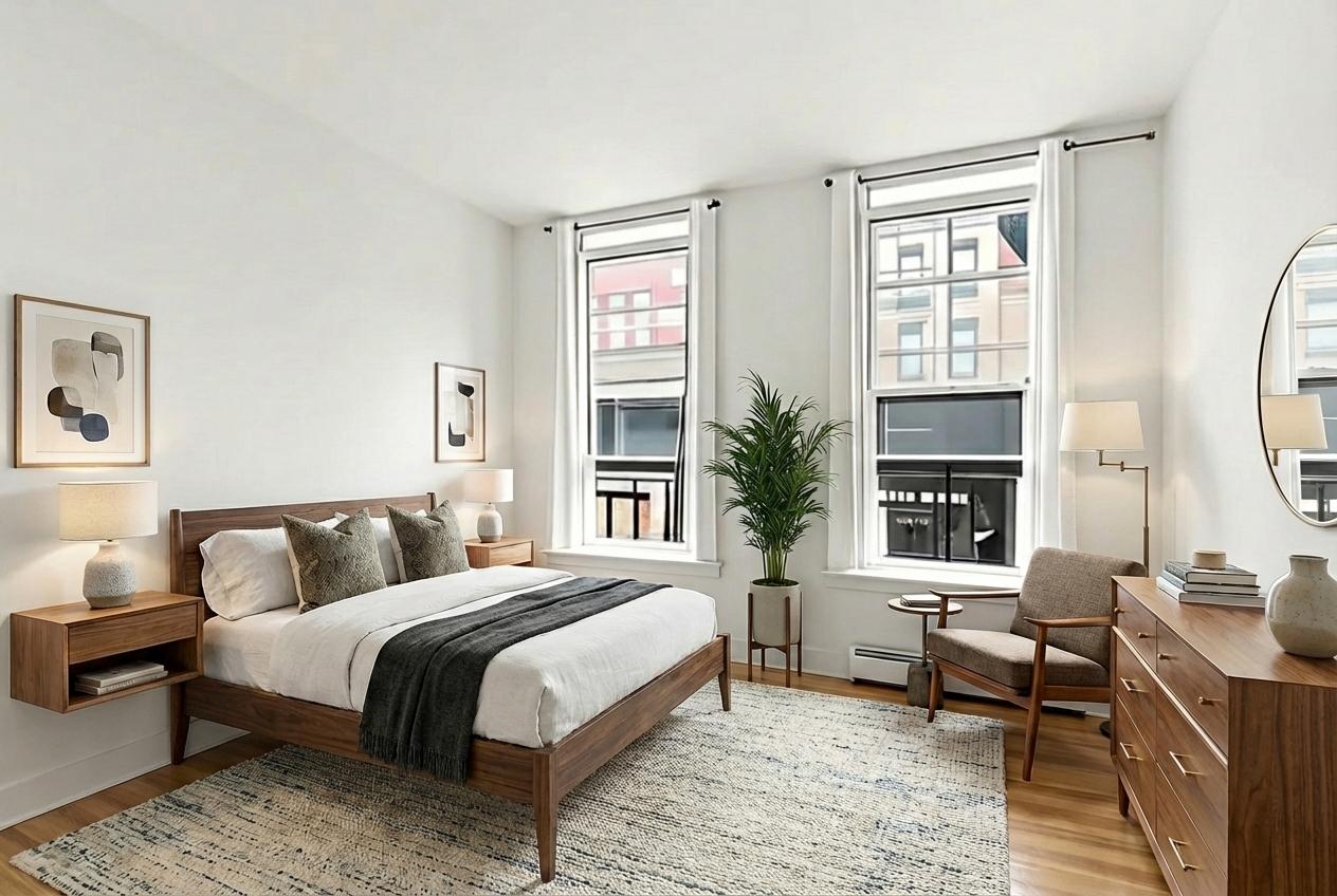 A bedroom with a bed, chair, and a potted plant.