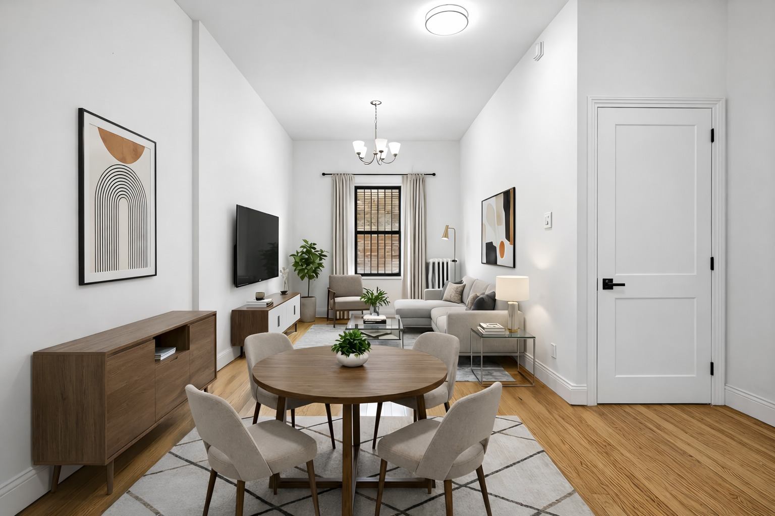 A modern dining room with a wooden table and chairs.