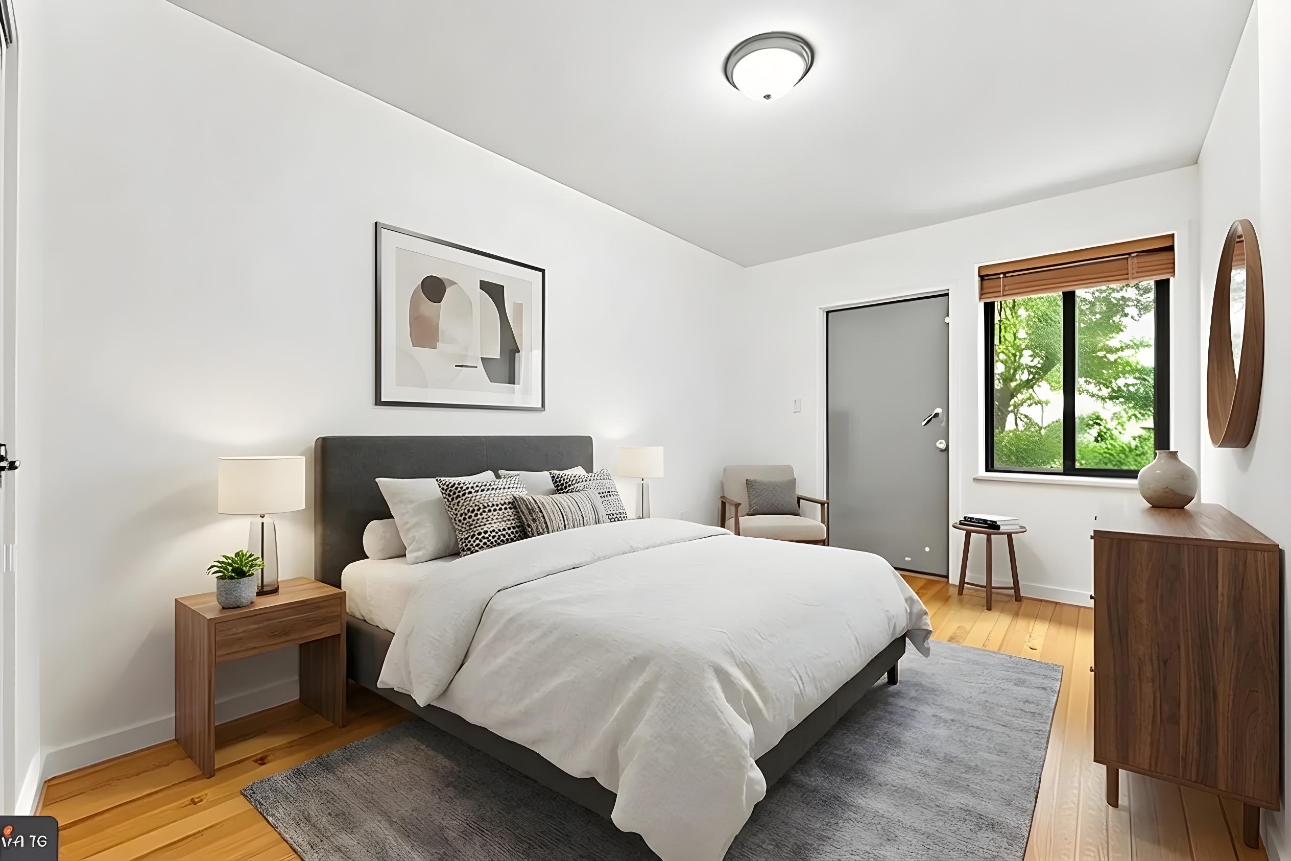 A bedroom with a large bed, a nightstand, a chair, and a window.