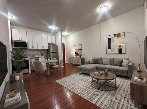 A modern living room with a grey couch, a coffee table, and a rug.