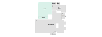 A diagram shows a laundry room with a bathroom and a kitchen/living room/dining room.