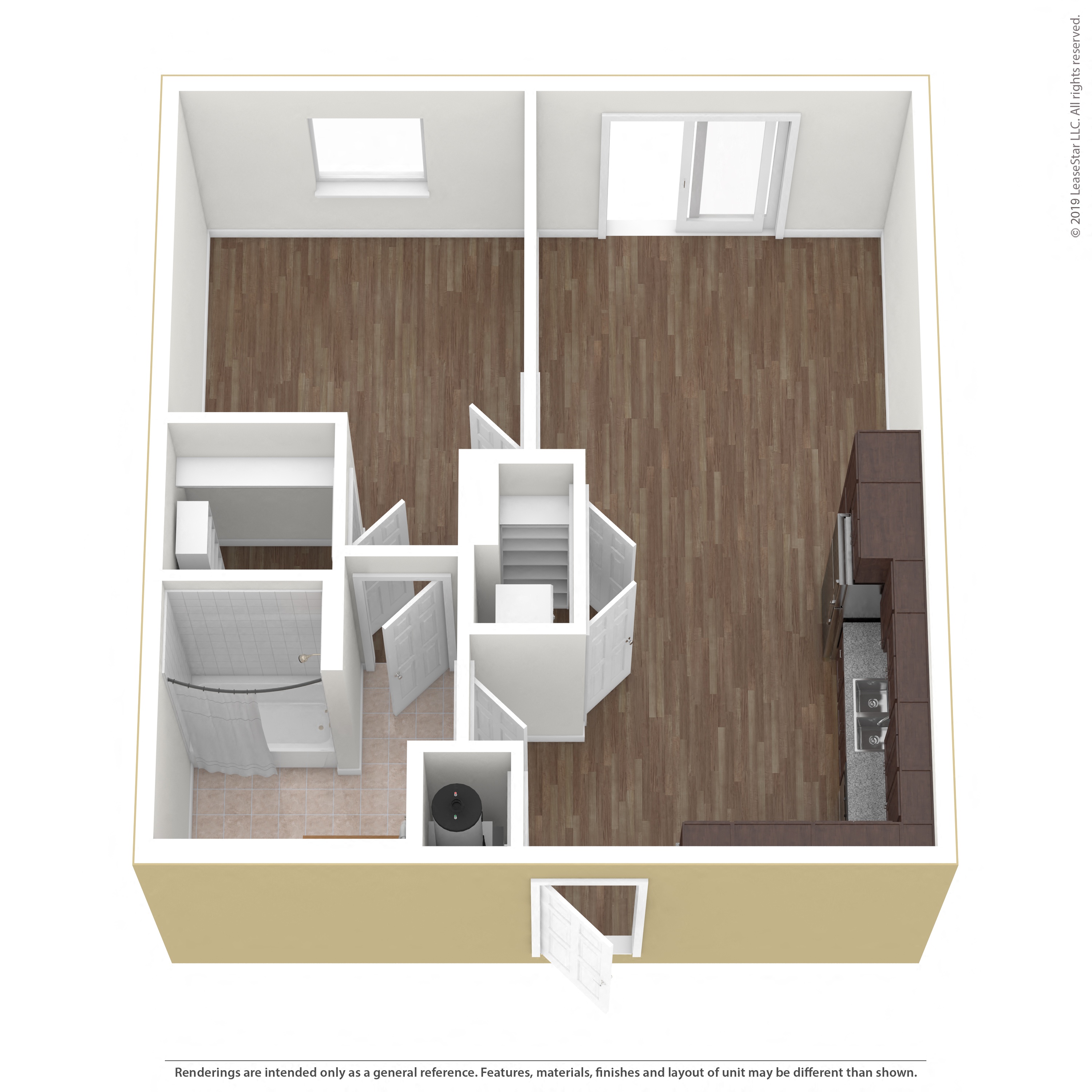 A 3D rendered image of a small apartment layout.